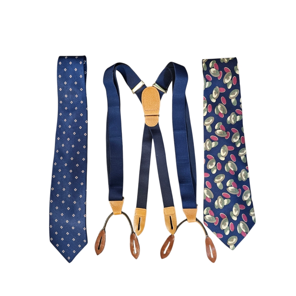 Vintage Cole Haan Navy Suspenders with Two Patterned Silk Navy Ties